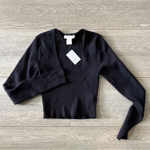 Black Ribbed V-Neck Long Sleeve Crop Top Medium NWT
